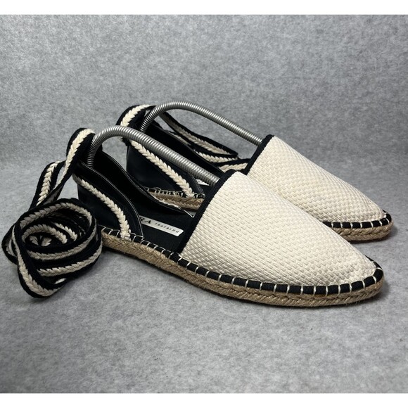 Zara Trafaluc Espadrille Flats Womens EU 40 Black White Lace Up Canvas Coastal - Picture 2 of 14